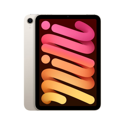 Apple iPad Mini Wifi 128GB Stjernelys, Liquid Retina-skærm med "mini" i lyserød, orange og gul, bagkamera øverst til venstre.