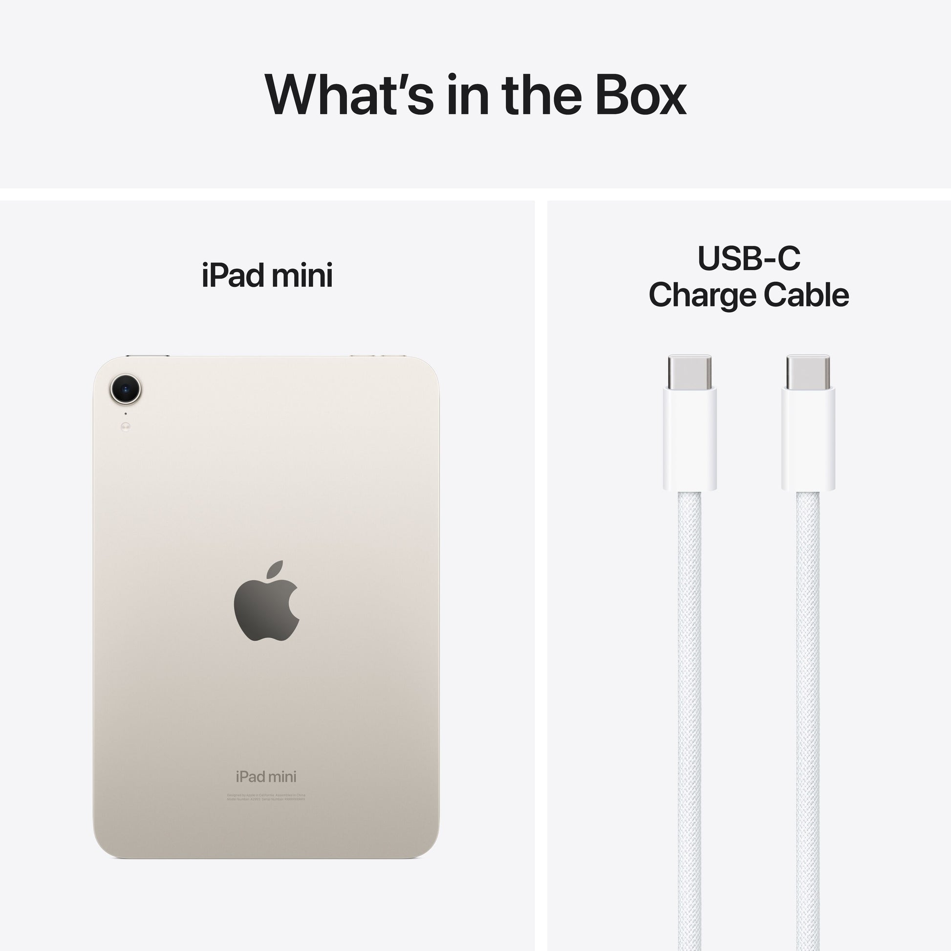 Apple iPad mini Wifi 128 GB Stjernelys med Liquid Retina-skærm og USB-C opladningskabel i æsken.