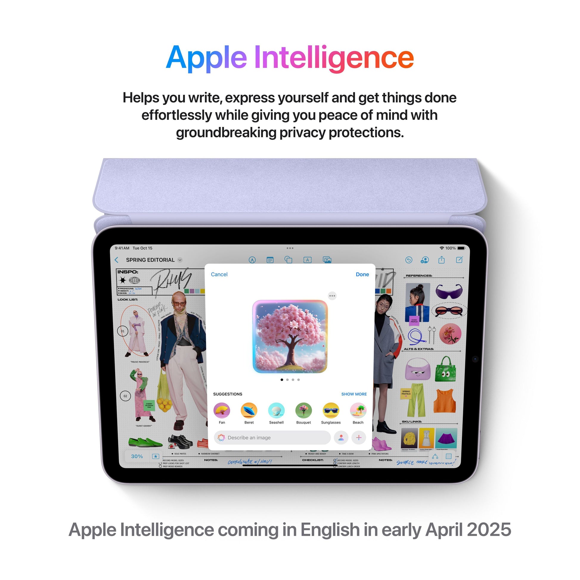 Apple iPad Mini Wifi 128 GB lilla med Liquid Retina-skærm, åben mode app og AI art pop-up, tekst: Apple Intelligence 2025.