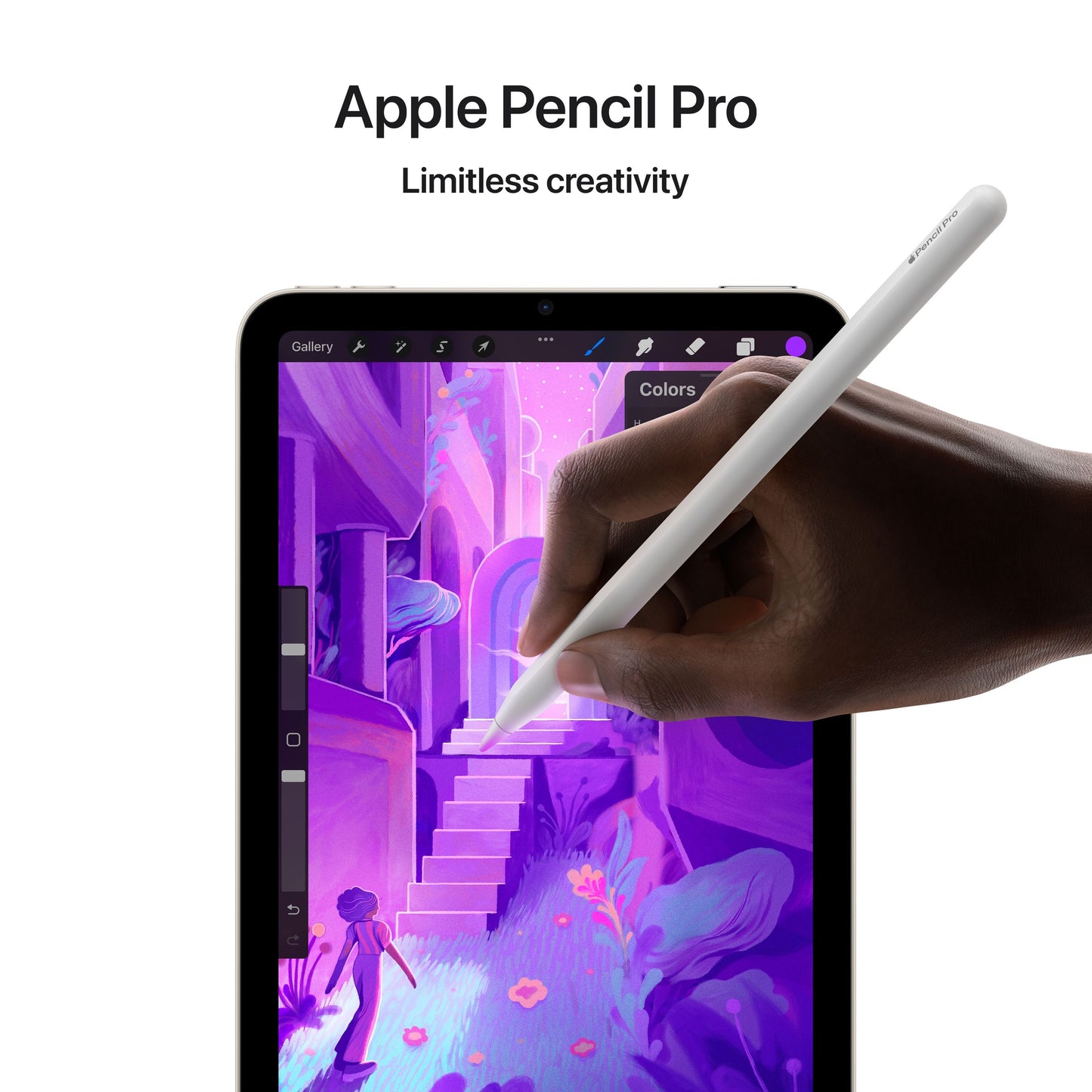 Apple iPad Mini Wifi 128 GB Lilla med Liquid Retina-skærm vises med Apple Pencil Pro og lilla-pink kunst på skærmen.