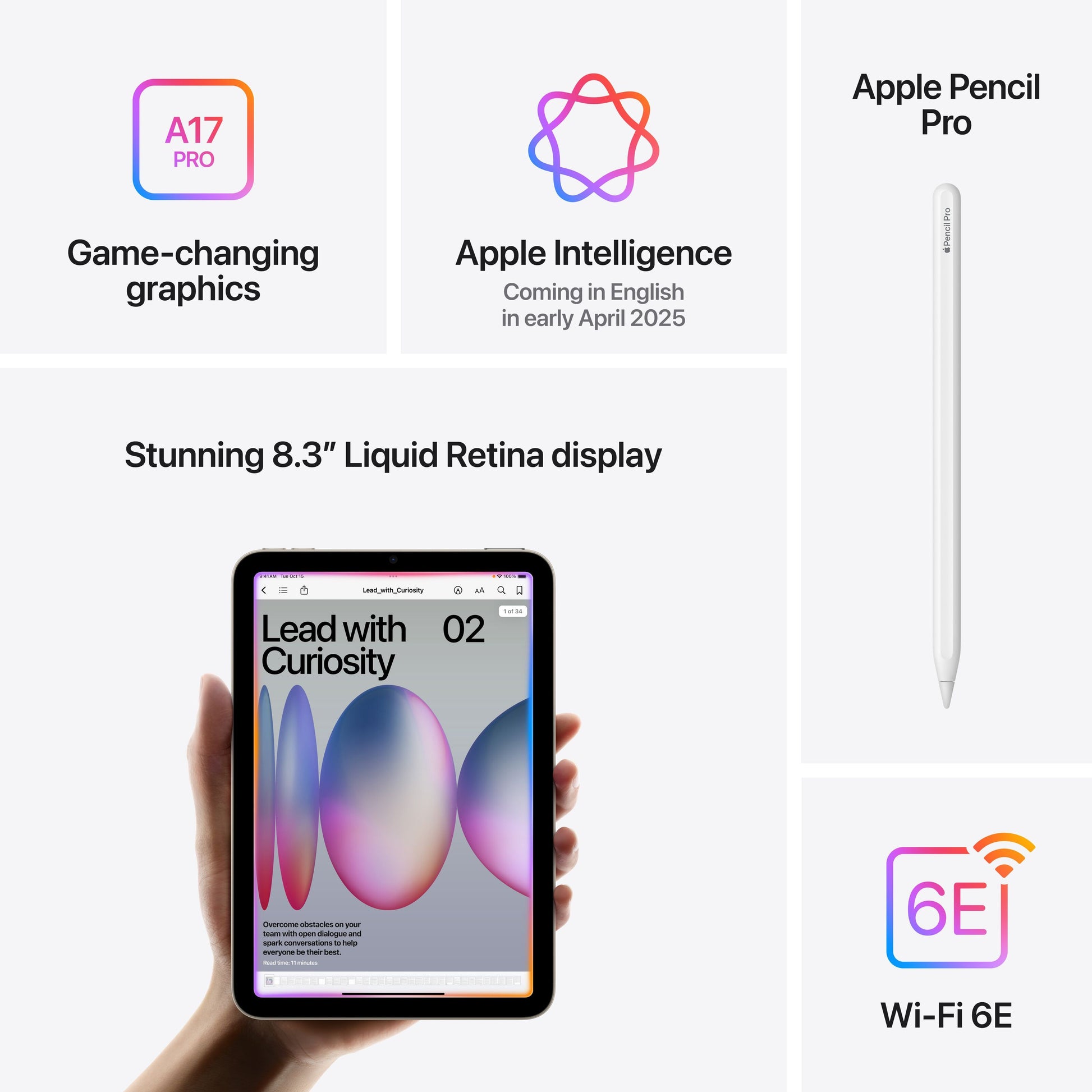 Apple iPad Mini Wifi 128 GB lilla med A17 Pro-chip, Liquid Retina-skærm, Apple Intelligence engelsk, Pencil Pro, Wi-Fi 6E.