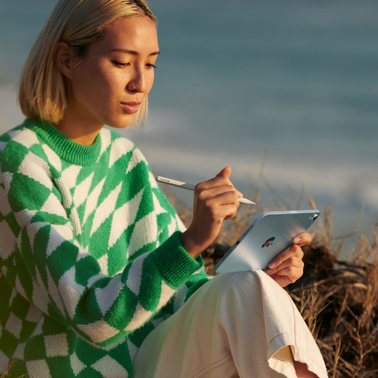 Apple iPad Mini Wifi 128 GB lilla med stylus i brug, synlig udendørs ved strand, person og sweater fremgår.