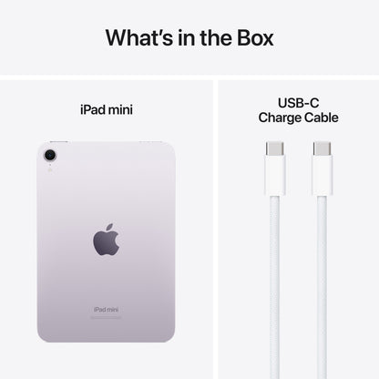 Apple iPad Mini Wifi 128GB lilla, bagside, ved siden af hvid USB-C opladerkabel.