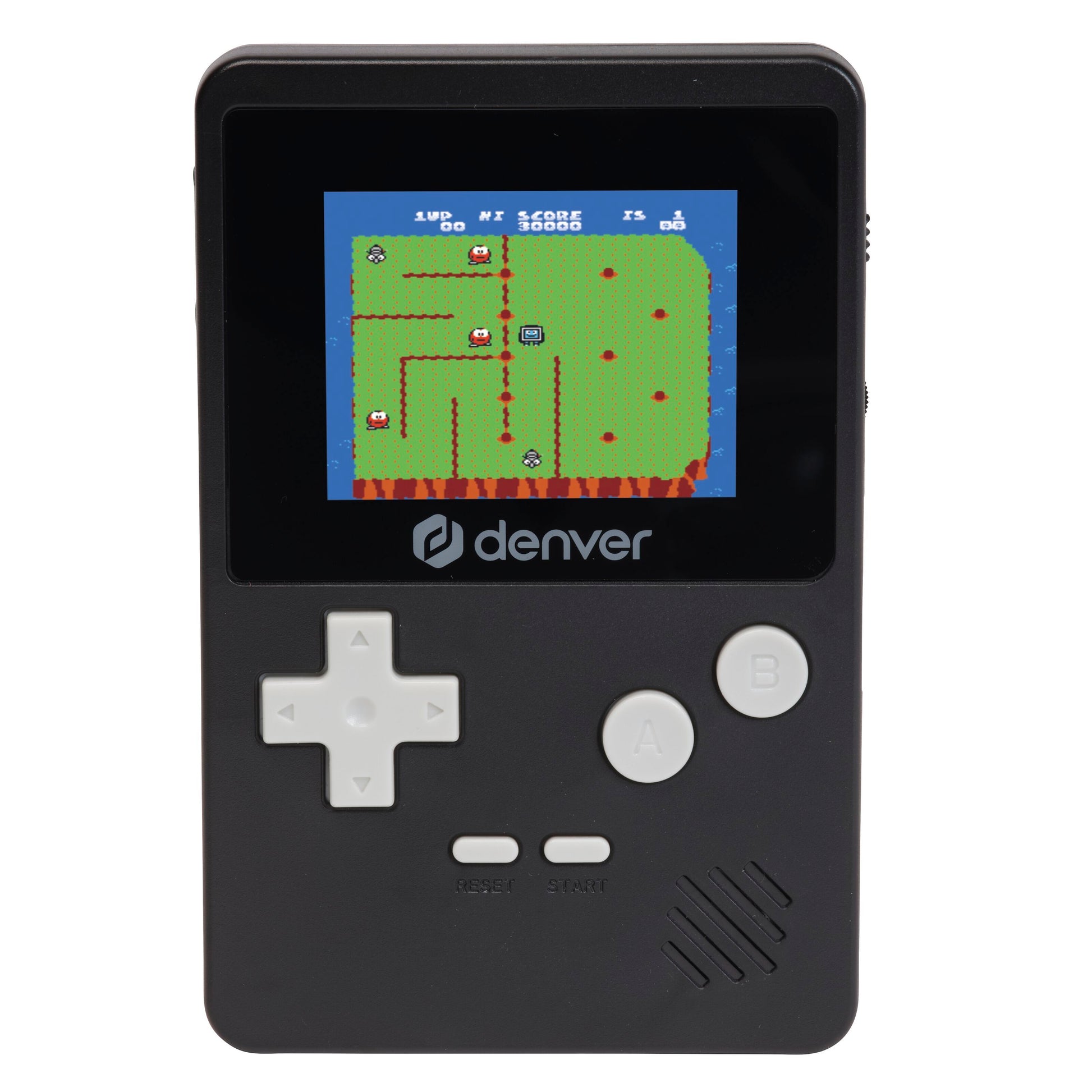 Denver GMP-290 sort bærbar spilkonsol med skærm, 8-bit spil, hvid retningsknap, A/B-knapper, Denver-logo, 200 spil.