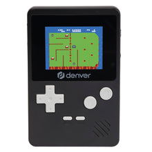 Denver GMP-290 sort bærbar spilkonsol med skærm, 8-bit spil, hvid retningsknap, A/B-knapper, Denver-logo, 200 spil.