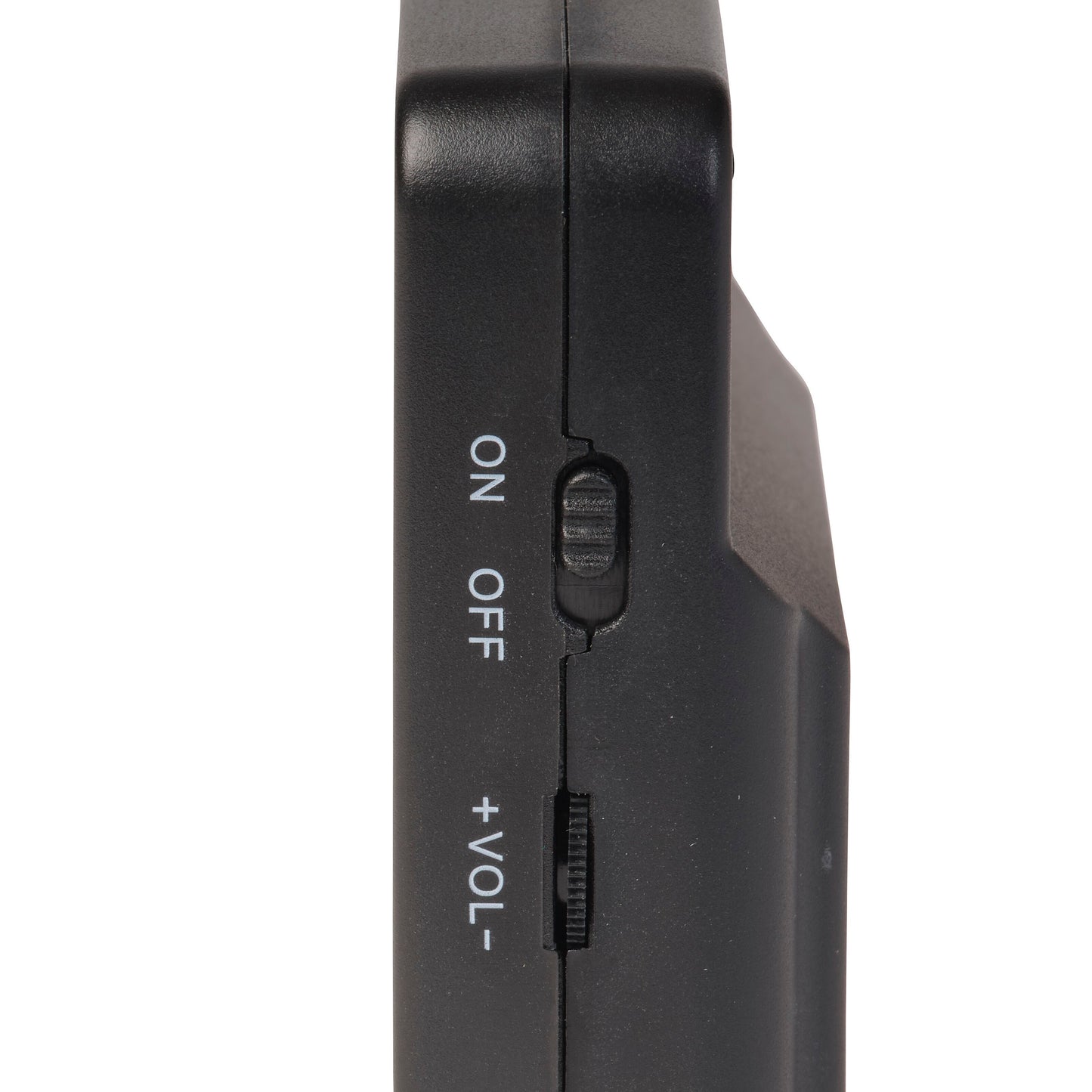 Denver GMP-290 spilkonsol side med ON/OFF-knap og volumen-skyder mærket + VOL -.