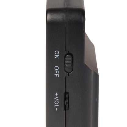 Denver GMP-290 spilkonsol side med ON/OFF-knap og volumen-skyder mærket + VOL -.