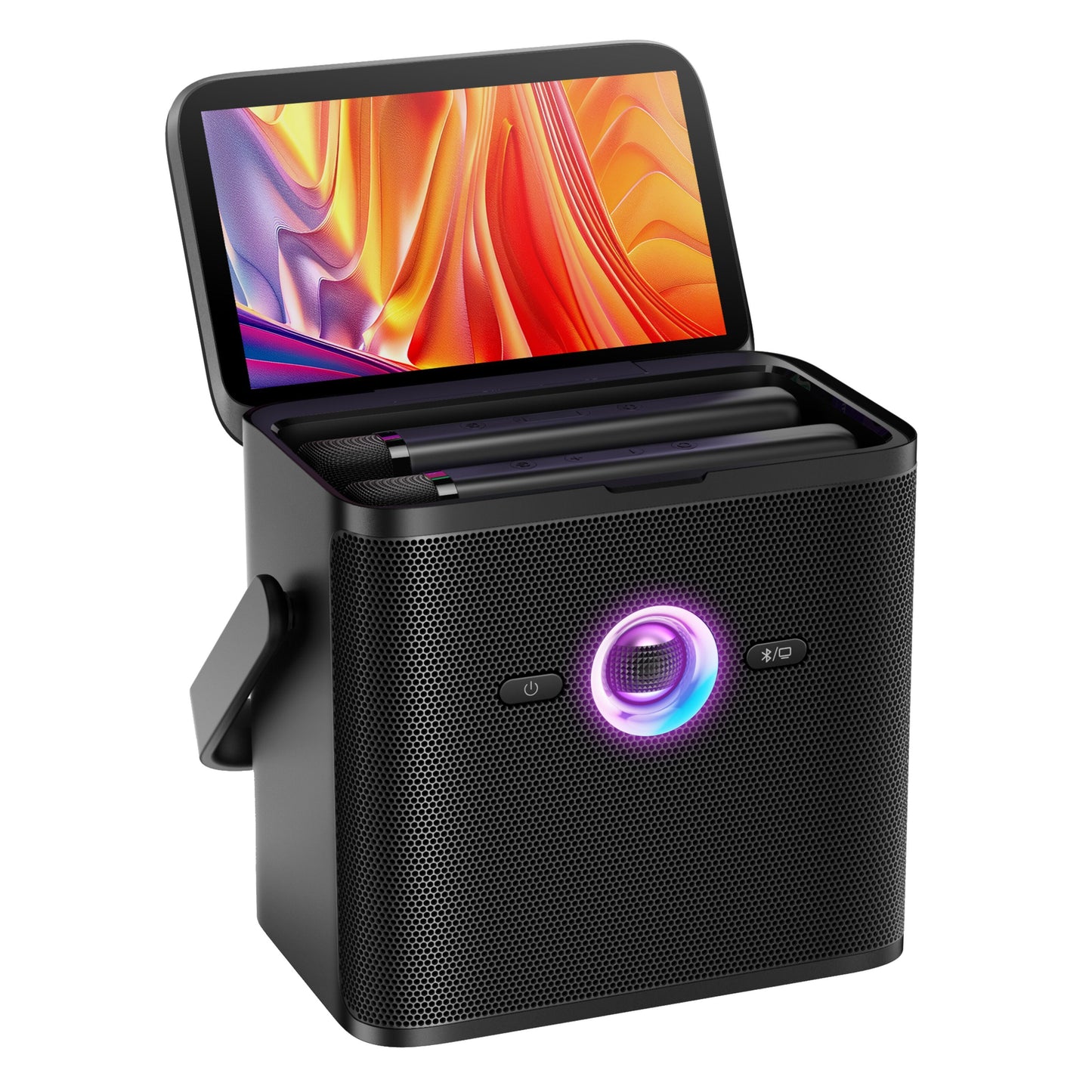 Ikarao Shell S3 bærbar karaoke maskine sort, box-design, 7" HD-touchskærm, udfoldelig skærm, LED-lys, knapper.