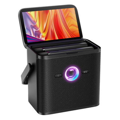 Ikarao Shell S3 bærbar karaoke maskine sort, box-design, 7" HD-touchskærm, udfoldelig skærm, LED-lys, knapper.