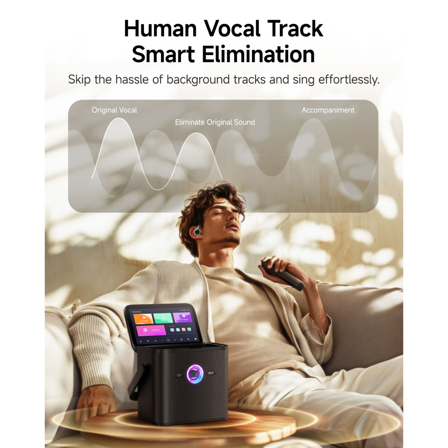 Ikarao Shell S3 bærbar karaokemaskine med 7" HD-skærm, trådløs mikrofon, Human Vocal Track Smart Elimination vises.