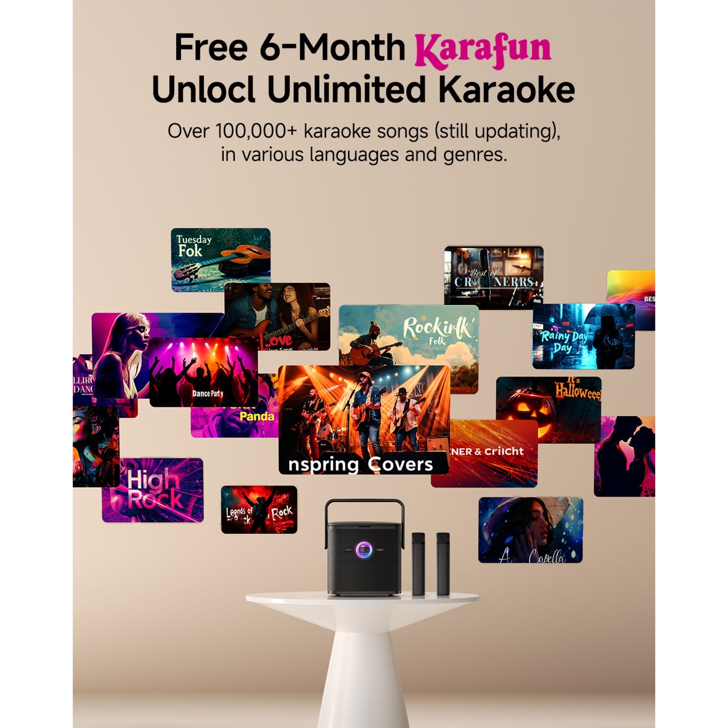 Ikarao Shell S3 bærbar karaokemaskine med 7" HD-skærm, trådløse mikrofoner og Karafun-logo på skærmen.