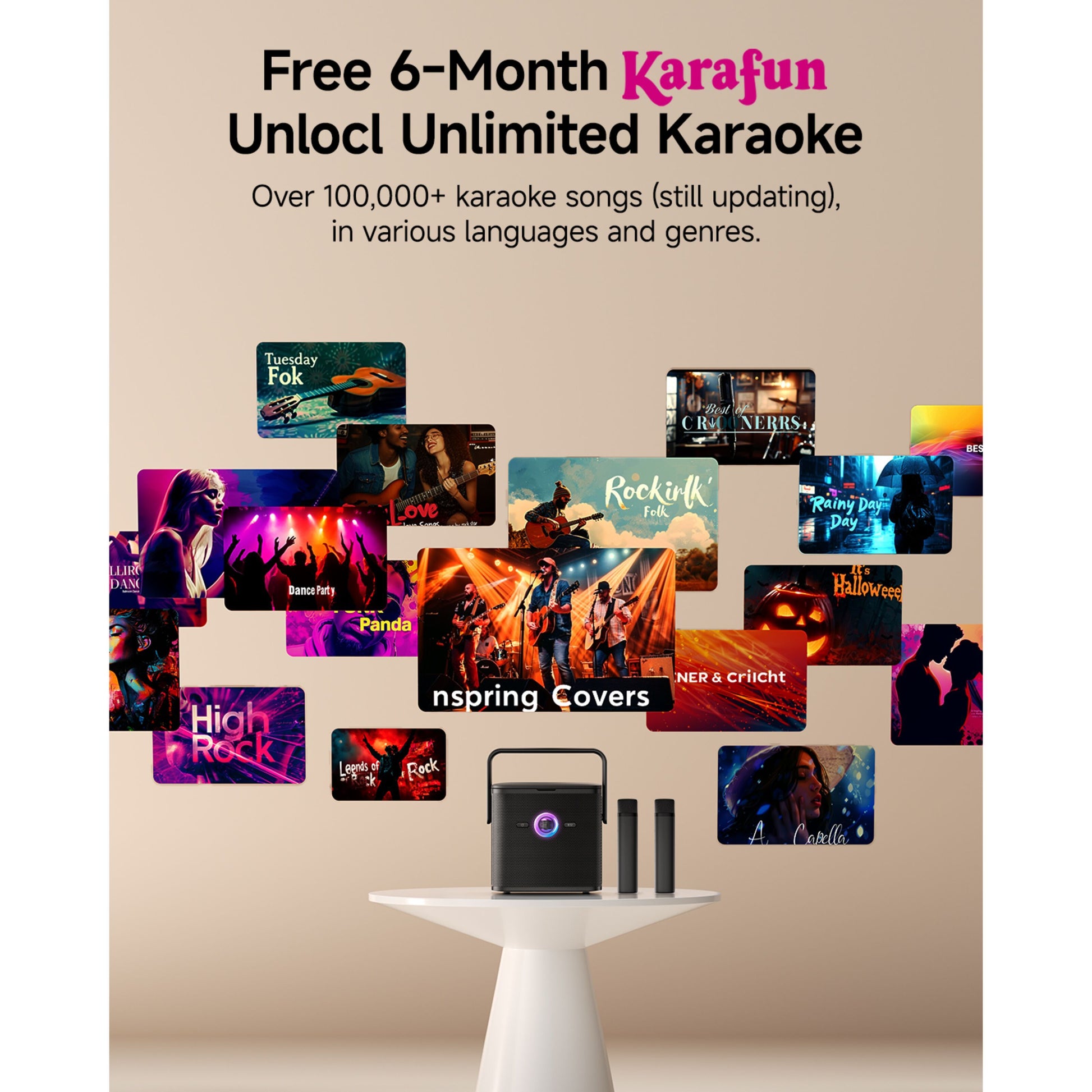 Ikarao Shell S3 bærbar karaokemaskine med 7" HD-skærm, trådløse mikrofoner og Karafun-logo på skærmen.