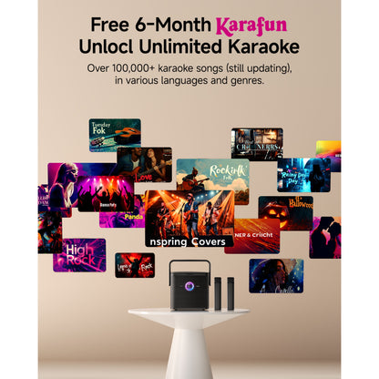 Ikarao Shell S3 bærbar karaokemaskine med 7" HD-skærm, trådløse mikrofoner og Karafun-logo på skærmen.