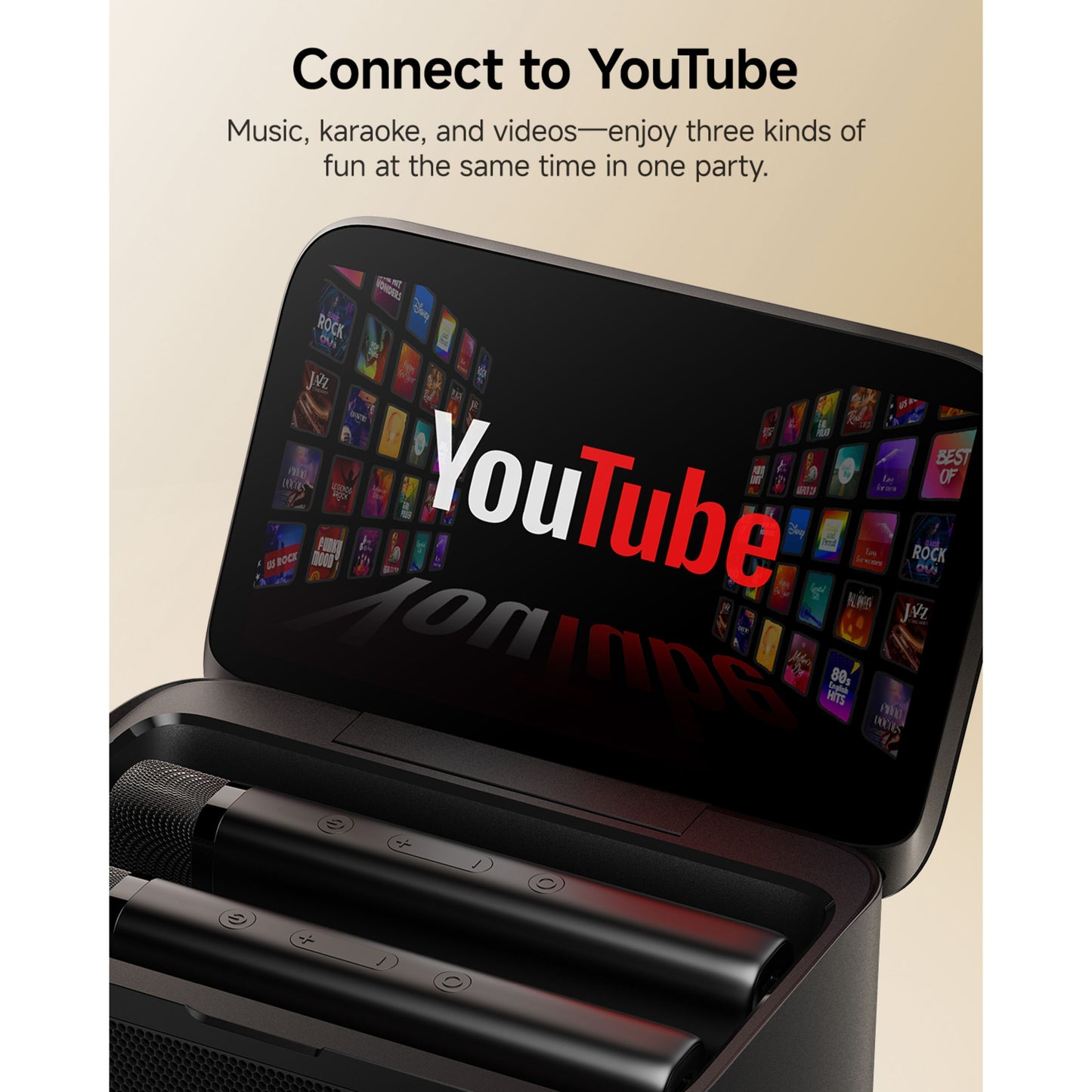 Ikarao Shell S3 bærbar karaoke maskine sort, 7" HD-skærm, YouTube-logo og tekst "Connect to YouTube", 2 trådløse mikrofoner.