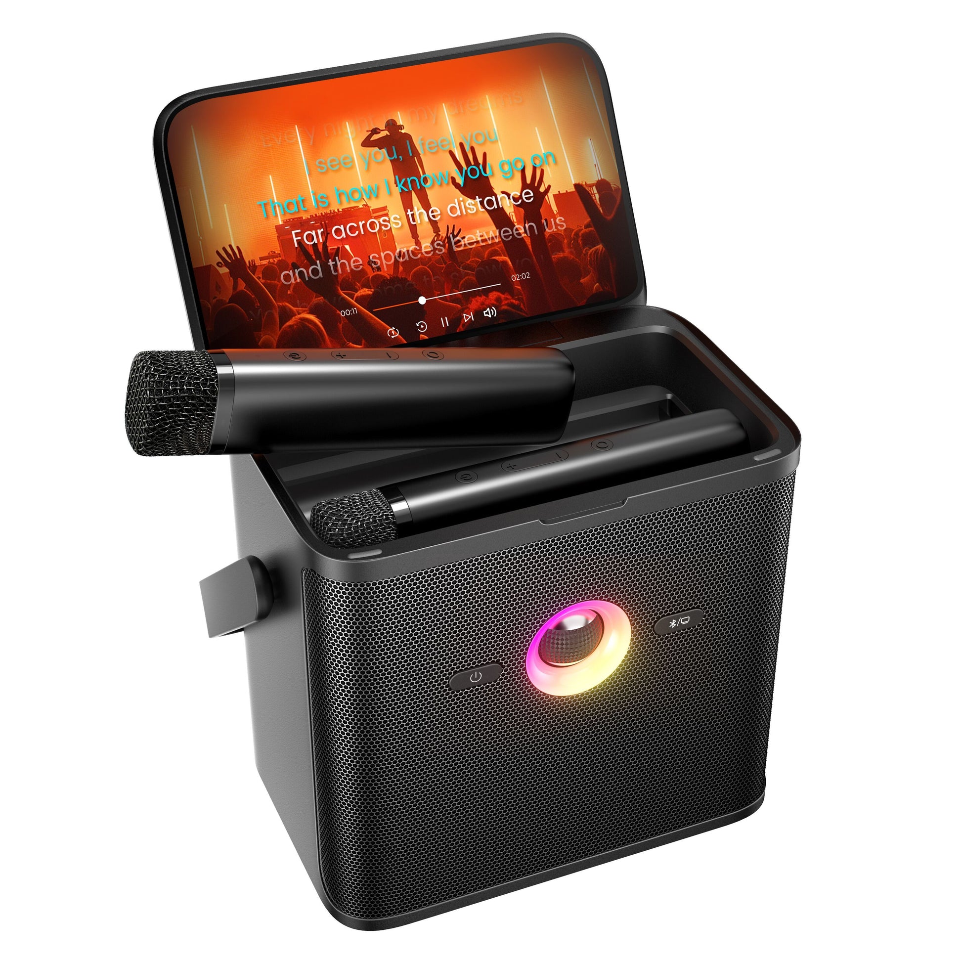 Ikarao Shell S3 bærbar karaokemaskine sort, 7" HD-skærm, 2 trådløse mikrofoner, LED-lyscirkel, sangtekstvisning.
