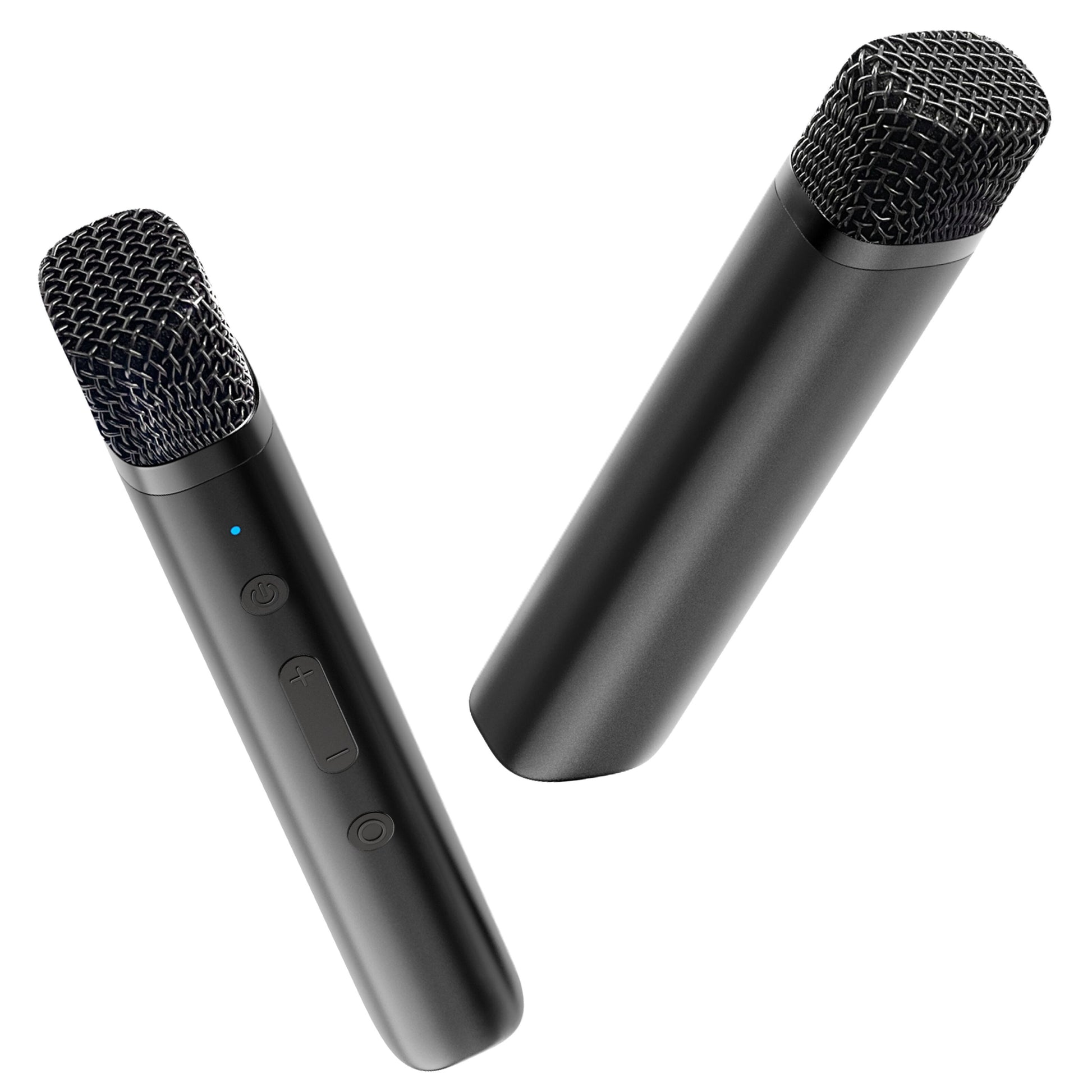 At sortere trådløse mikrofoner med mesh-grill, knapper og LED-indikator til Ikarao Shell S3 karaoke maskine 7" HD-skærm.