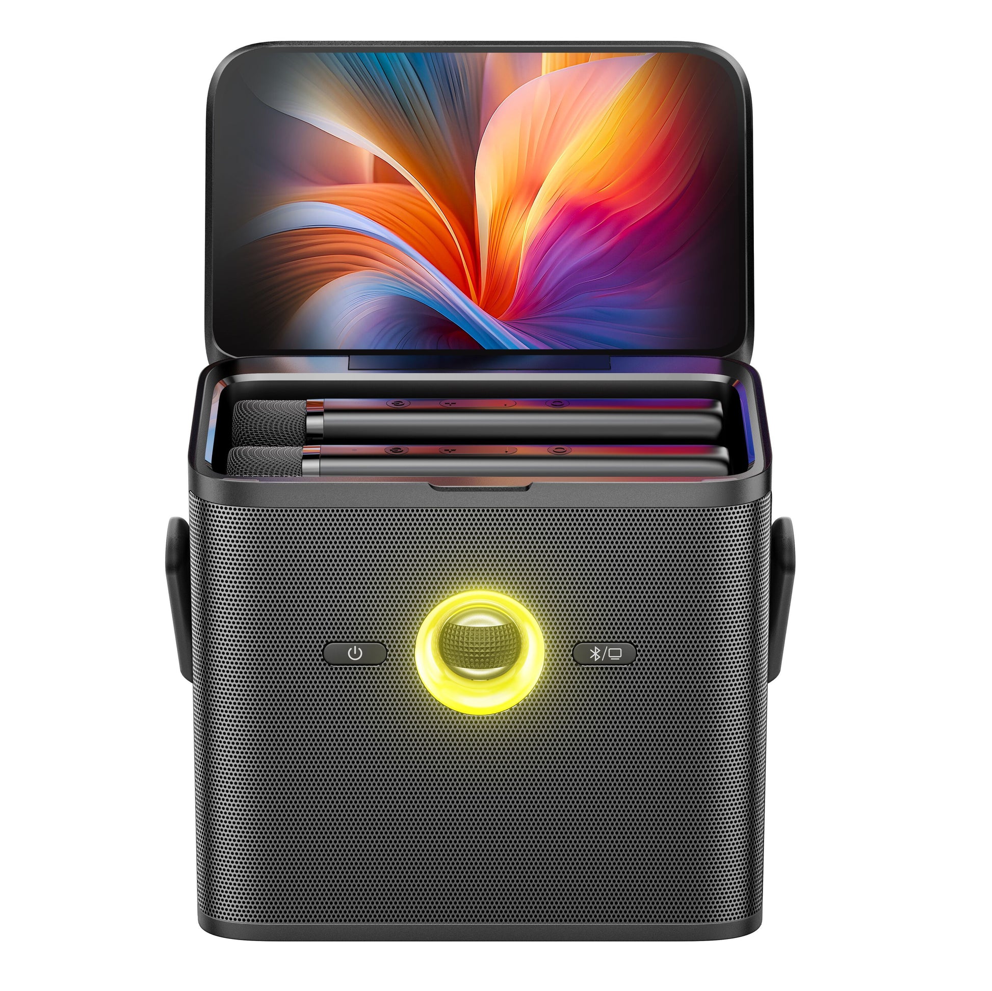 Ikarao Shell S3 sort bærbar karaoke maskine, box-design, 7" HD-skærm med gul lysring og kontrolknapper, makeupbørster indeni.