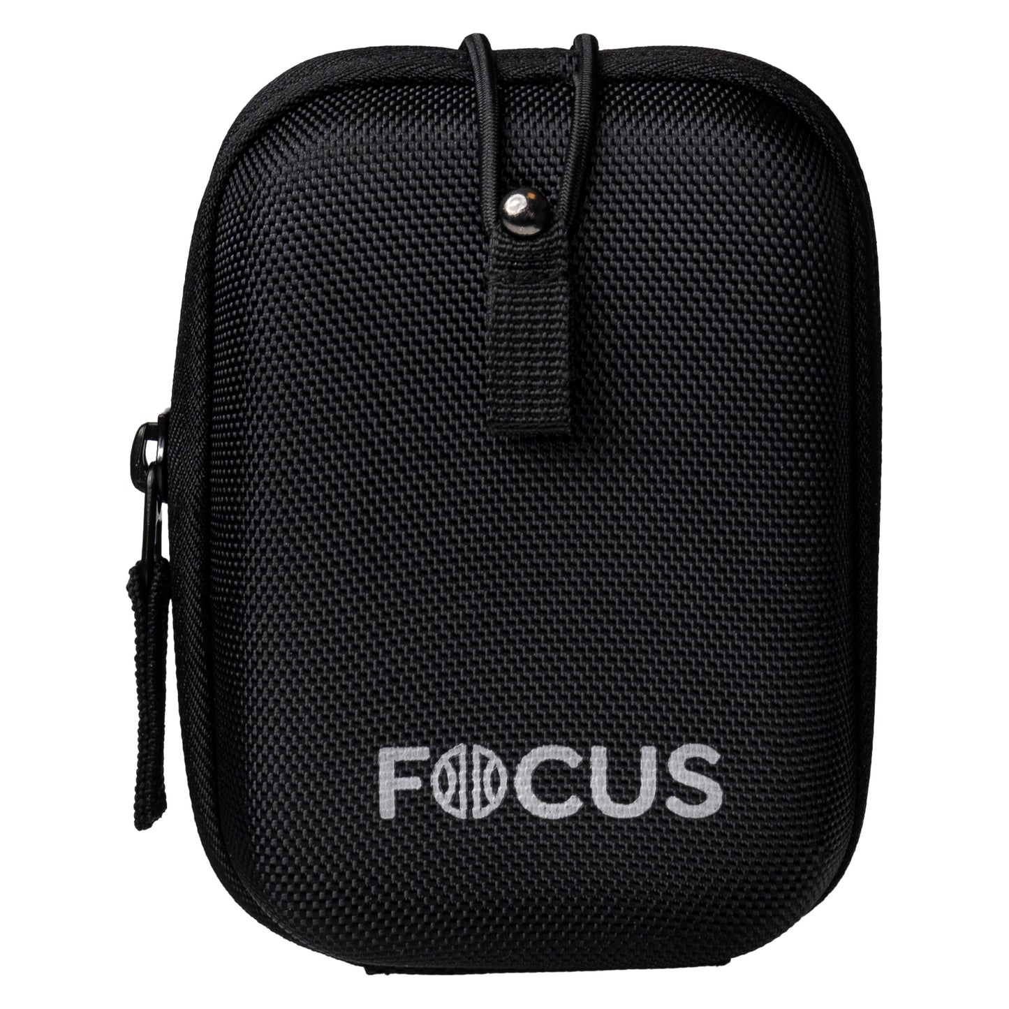 Sort rektangulært etui med tekstureret overflade, lynlås i siden og "FOCUS" på fronten til Focus Sport Optics Track RF 500 m.