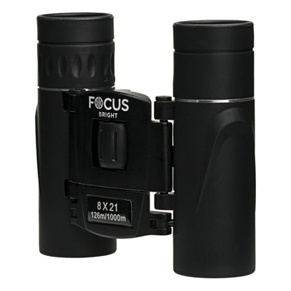Focus Sport Optics Lys kompakt sort kikkert 8x zoom, mærket 8x21 og 126m/1000m, centralt fokuseringshjul, delvist foldet.