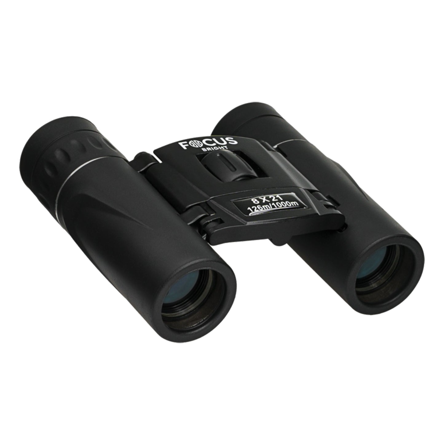 Focus Sport Optics Lys sort kompaktkikkert med blåtonede linser, FOCUS Bright og 8x21 123m/1000m mærkat på hængsel, 8x zoom.