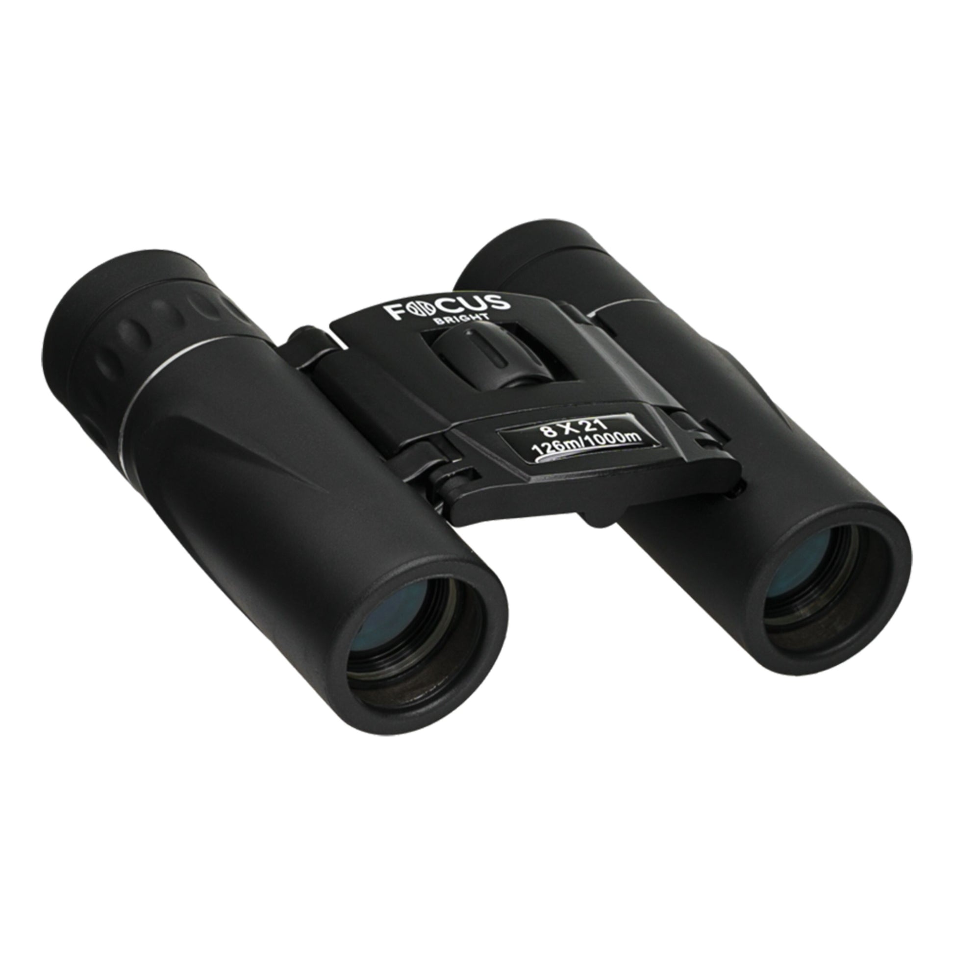 Focus Sport Optics Lys sort kompaktkikkert med blåtonede linser, FOCUS Bright og 8x21 123m/1000m mærkat på hængsel, 8x zoom.