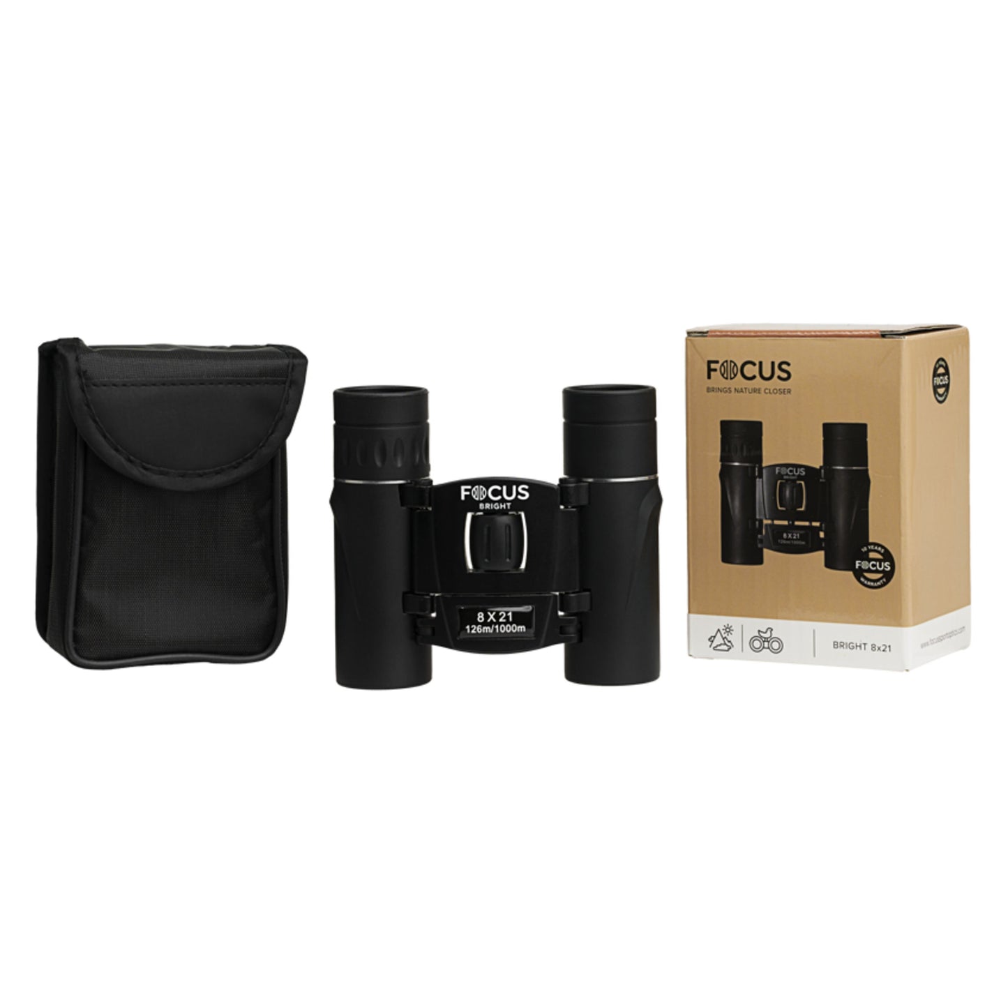 Focus Sport Optics Lys kompaktkikkert sort, 8x zoom, med sort etui til venstre og brun produktæske til højre.