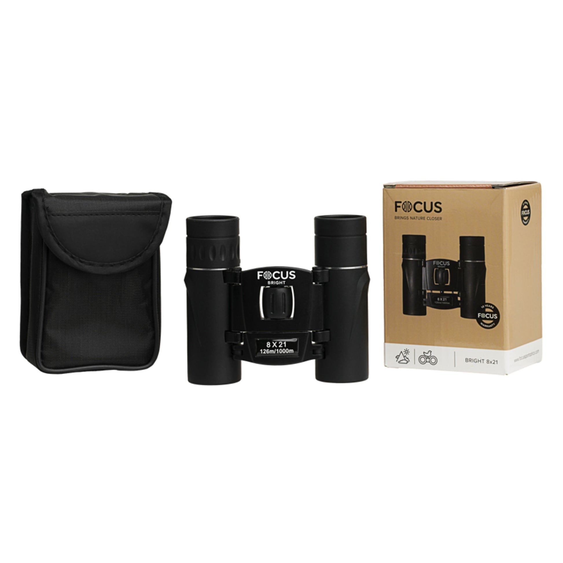 Focus Sport Optics Lys kompaktkikkert sort, 8x zoom, med sort etui til venstre og brun produktæske til højre.