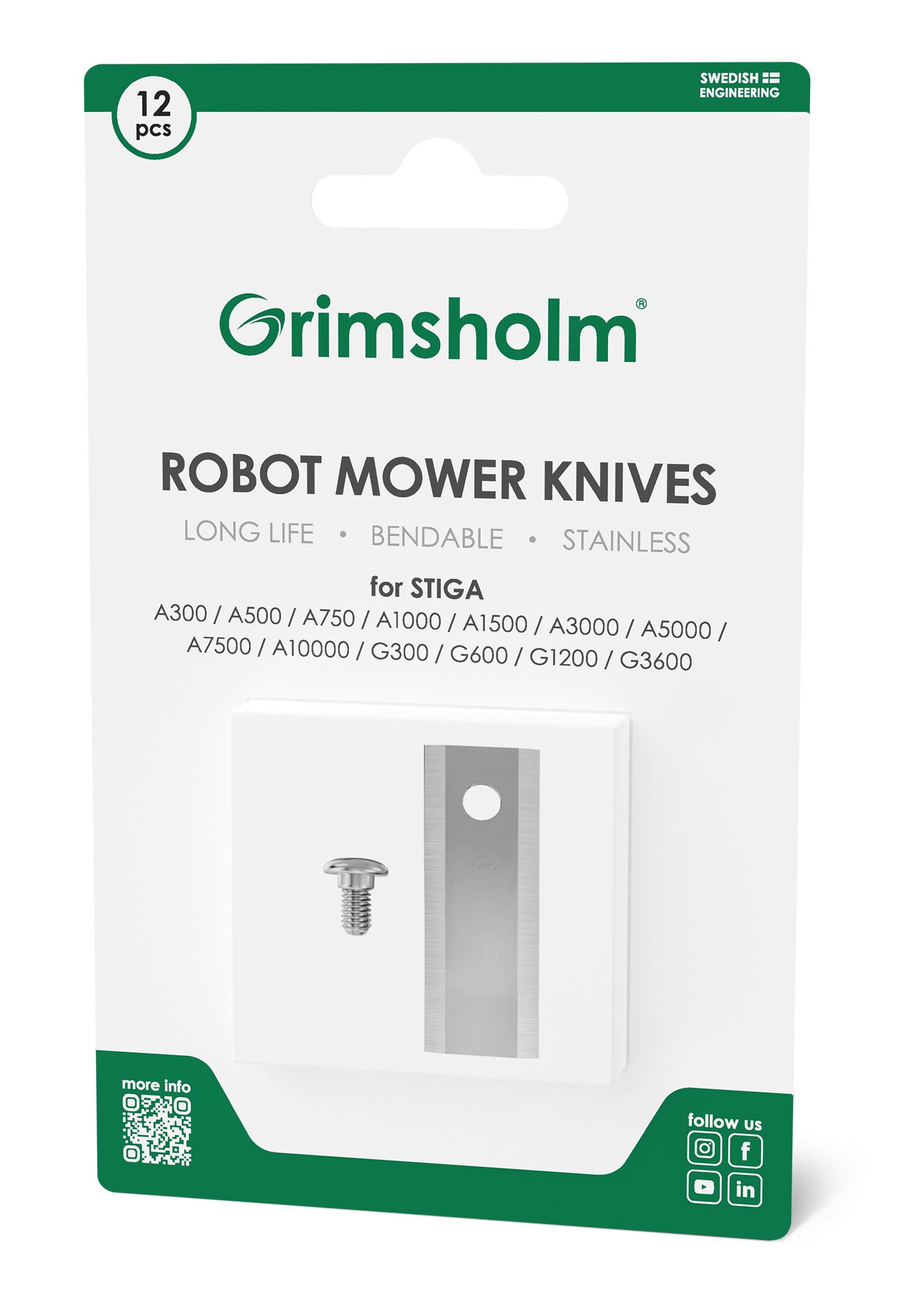 Grimsholm kniv og skruer til Stiga A/B 12-pak i grøn/hvid æske med metalkniv og skrue, rustfrit stål, passer Stiga robotplæneklipper.