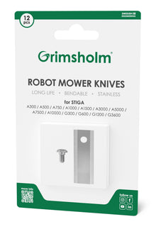 Grimsholm kniv og skruer til Stiga A/B 12-pak i grøn/hvid æske med metalkniv og skrue, rustfrit stål, passer Stiga robotplæneklipper.