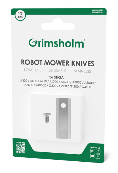 Grimsholm kniv og skruer til Stiga A/B 12-pak i grøn/hvid æske med metalkniv og skrue, rustfrit stål, passer Stiga robotplæneklipper.