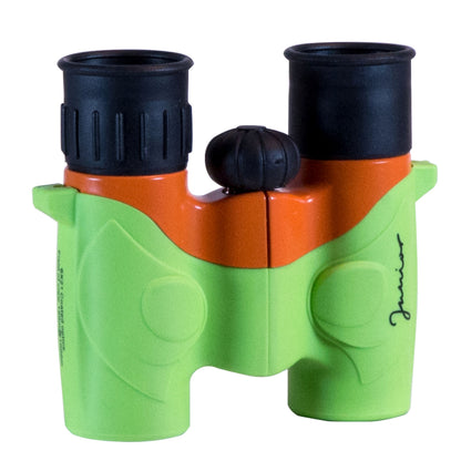 Junior 6x21 kikkert, grøn og orange plastik med sorte øjestykker og "Junior"-mærke.