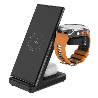 Fixed 3-i-1 trådløs opladningsstation til Garmin, sort med smartphone og Garmin-ur med orange rem.