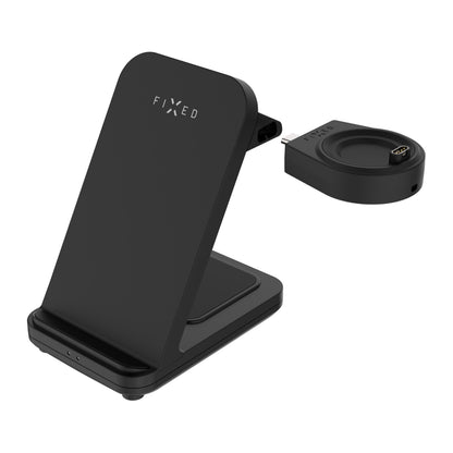 Fixed 3-i-1 trådløs opladningsstation til Garmin, sort, aftagelig rund Garmin Watch oplader i højre side af stander.