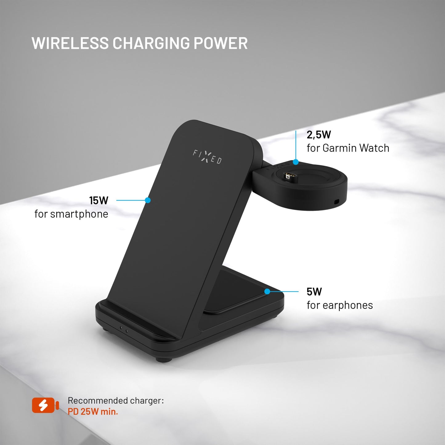 Fast 3-i-1 trådløs opladningsstation sorteret til Garmin ur, smartphone (15W) og øretelefoner på marmorbord.