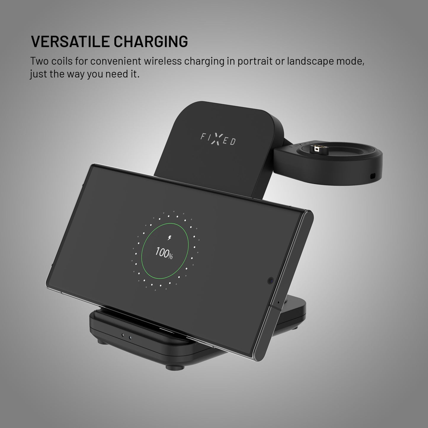 3-i-1 trådløs opladningsstation til Garmin sort, oplader telefon vandret og rund Garmin Watch oplader, 3-i-1 tekst øverst.