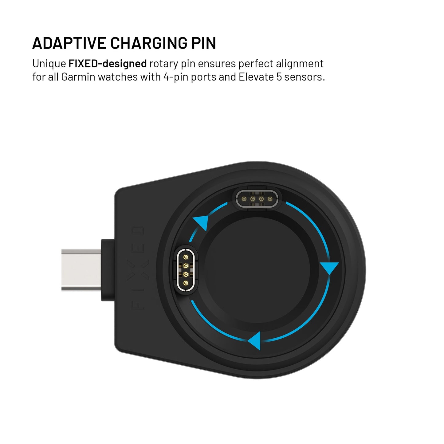 Garmin 3-i-1 trådløs opladningsstation, sort, med roterende pin, blå pile og USB-C-port til ure med 4-pin porte/sensorer.