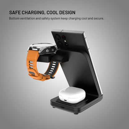 Fixed 3-i-1 trådløs opladningsstation sort, oplader smartphone, Garmin Watch med orange rem og trådløse ørepropper i etui.