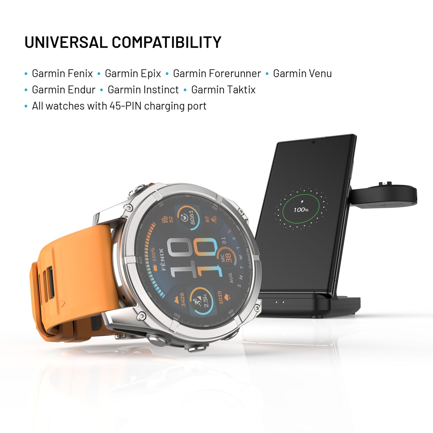 3-i-1 trådløs opladningsstation til Garmin i sort, med 45-pin port og opladningssikon, ved siden af ur med orange rem.