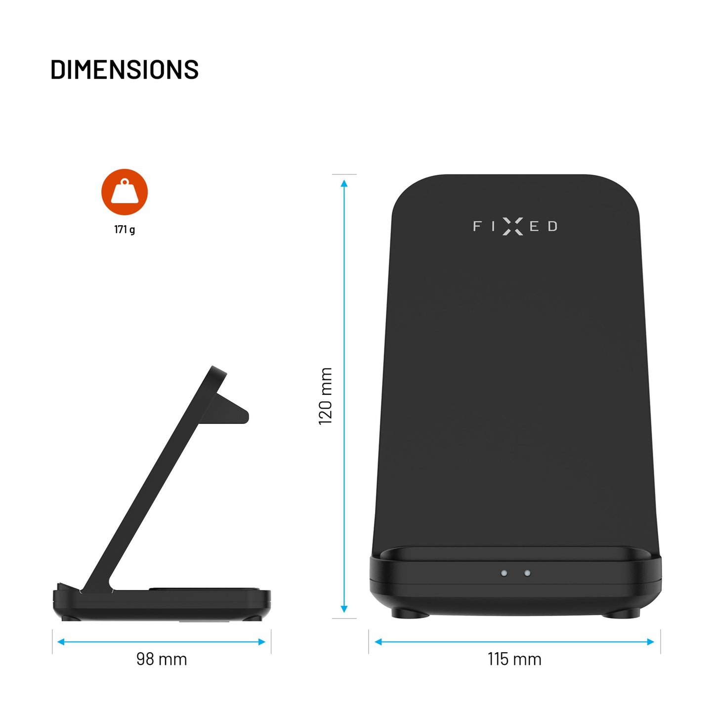Fixed 3-i-1 trådløs opladningsstation til Garmin sort set fra side/front, 120x98x115 mm, vægt 171 g, blå pile viser mål.