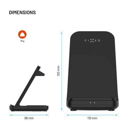 Fixed 3-i-1 trådløs opladningsstation til Garmin sort set fra side/front, 120x98x115 mm, vægt 171 g, blå pile viser mål.