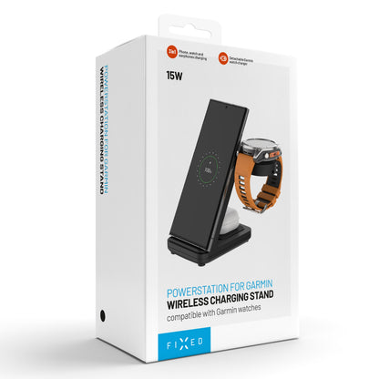 Fixed 3-i-1 trådløs opladningsstation til Garmin sort, viser mobil og ur opladning, kompatibel med Garmin.