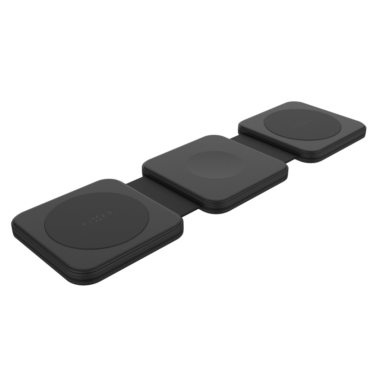 Samsung 3-i-1 sort foldbar trådløs oplader med tre firkantede sektioner til smartphone, Galaxy Watch og andre enheder.