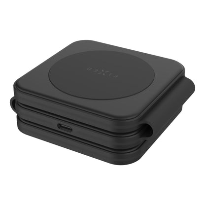 Samsung 3-i-1 trådløs oplader, sort, kvadratisk med afrundede kanter, FIXED-logo i midten, USB-C-port på siden.