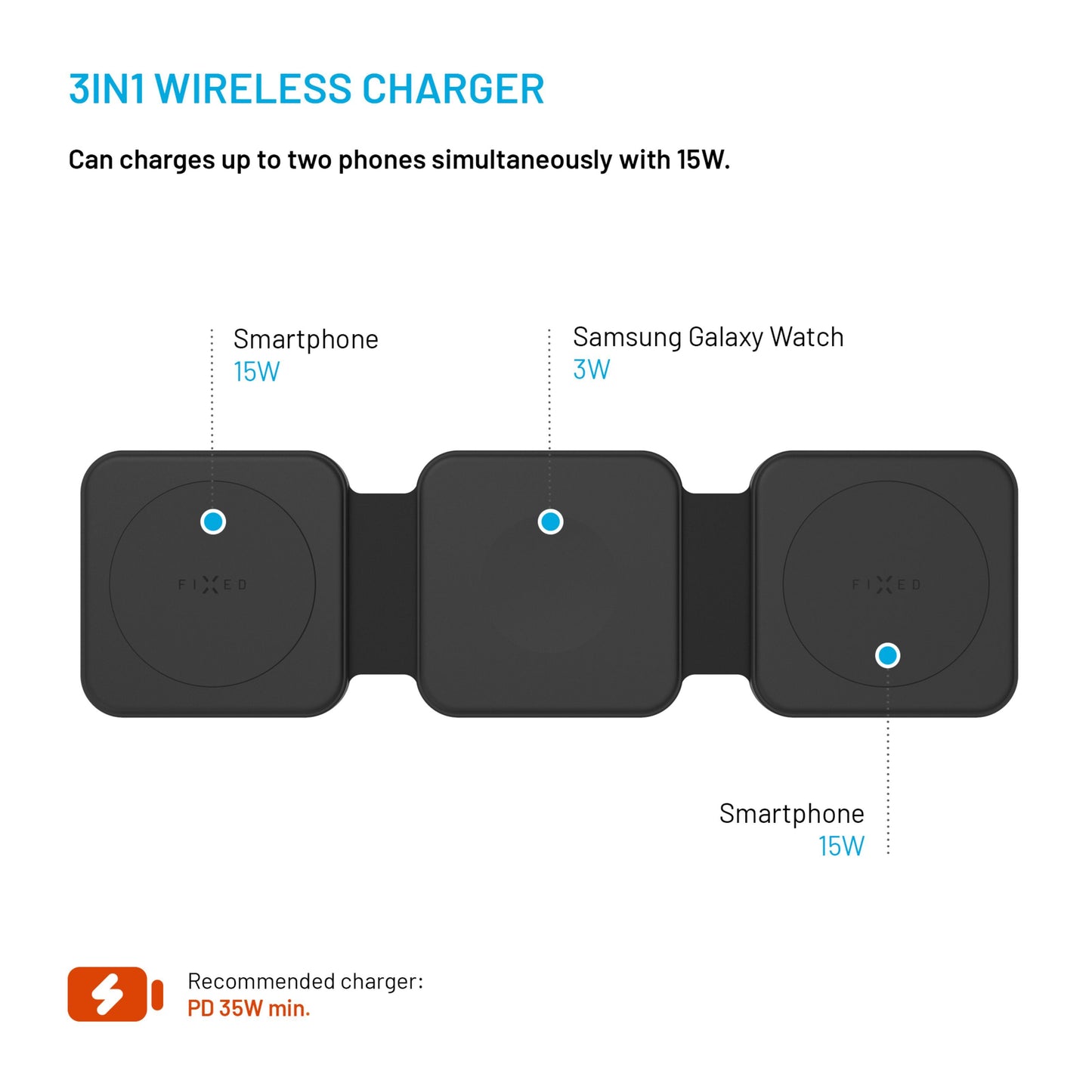 Samsung Flex 3-i-1 trådløs oplader sort med tre pads til to Samsung telefoner og Galaxy Watch, understøtter 15W opladning.