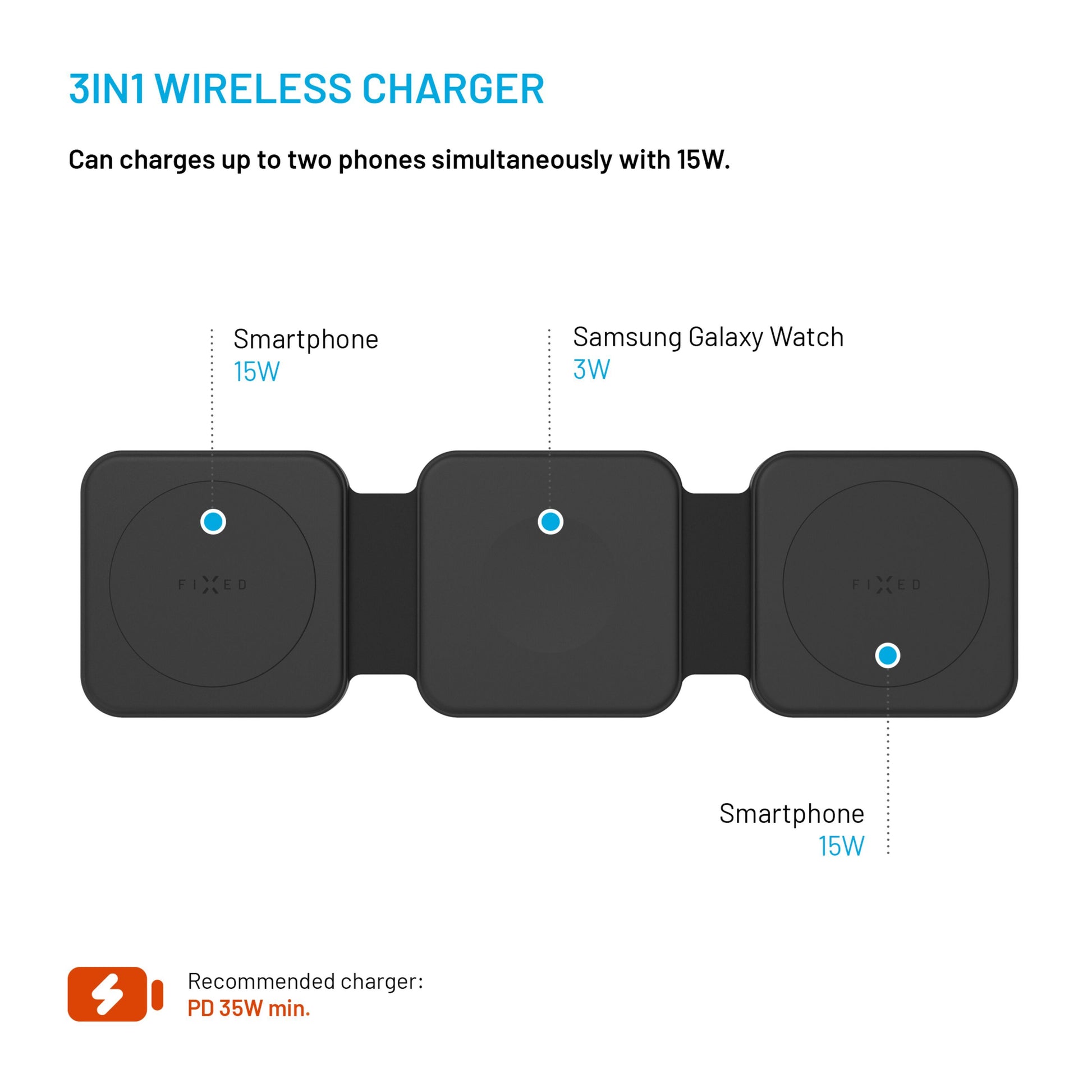 Samsung Flex 3-i-1 trådløs oplader sort med tre pads til to Samsung telefoner og Galaxy Watch, understøtter 15W opladning.