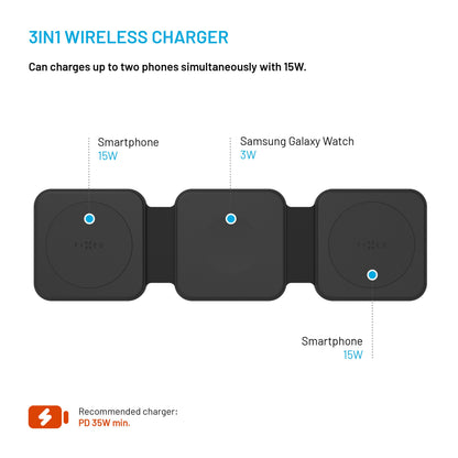 Samsung Flex 3-i-1 trådløs oplader sort med tre pads til to Samsung telefoner og Galaxy Watch, understøtter 15W opladning.