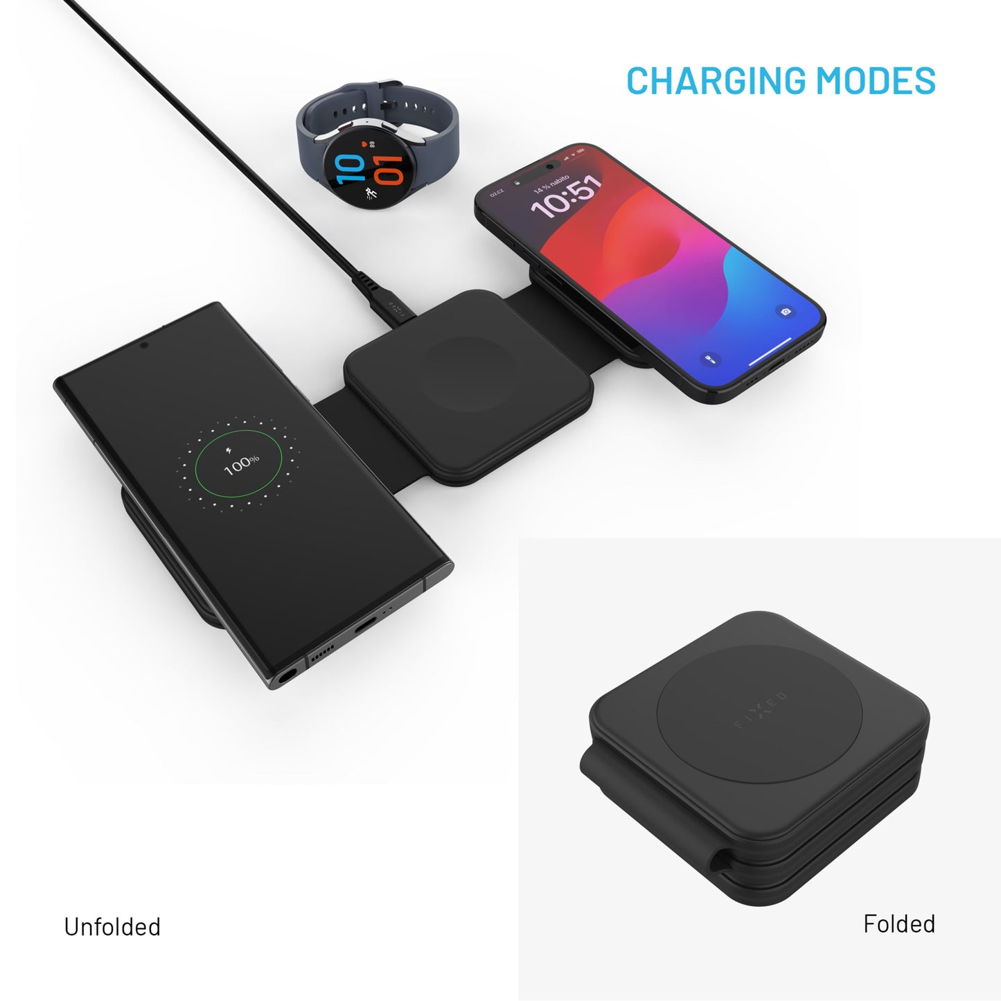Fixed Flex Samsung 3-i-1 trådløs oplader til Samsung mobil, Galaxy Watch og ekstra telefon, vises udfoldet og sammenfoldet.
