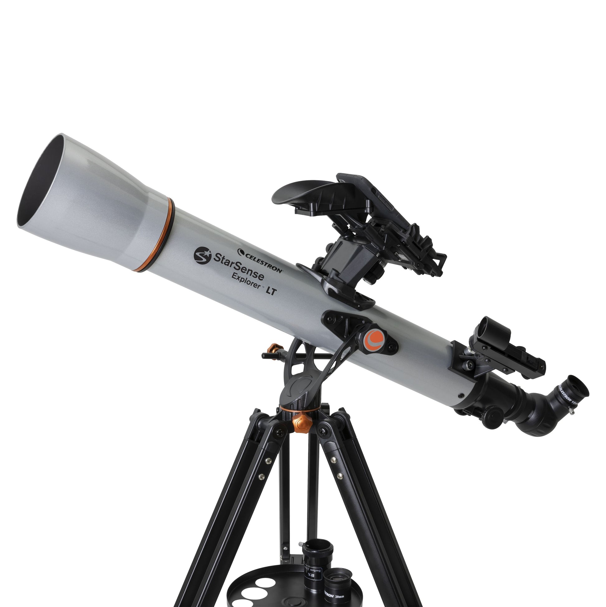 Celestron StarSense Explorer LT 70AZ teleskop 70 mm sølv på sort trefod med justeringsknapper og smartphoneholder.