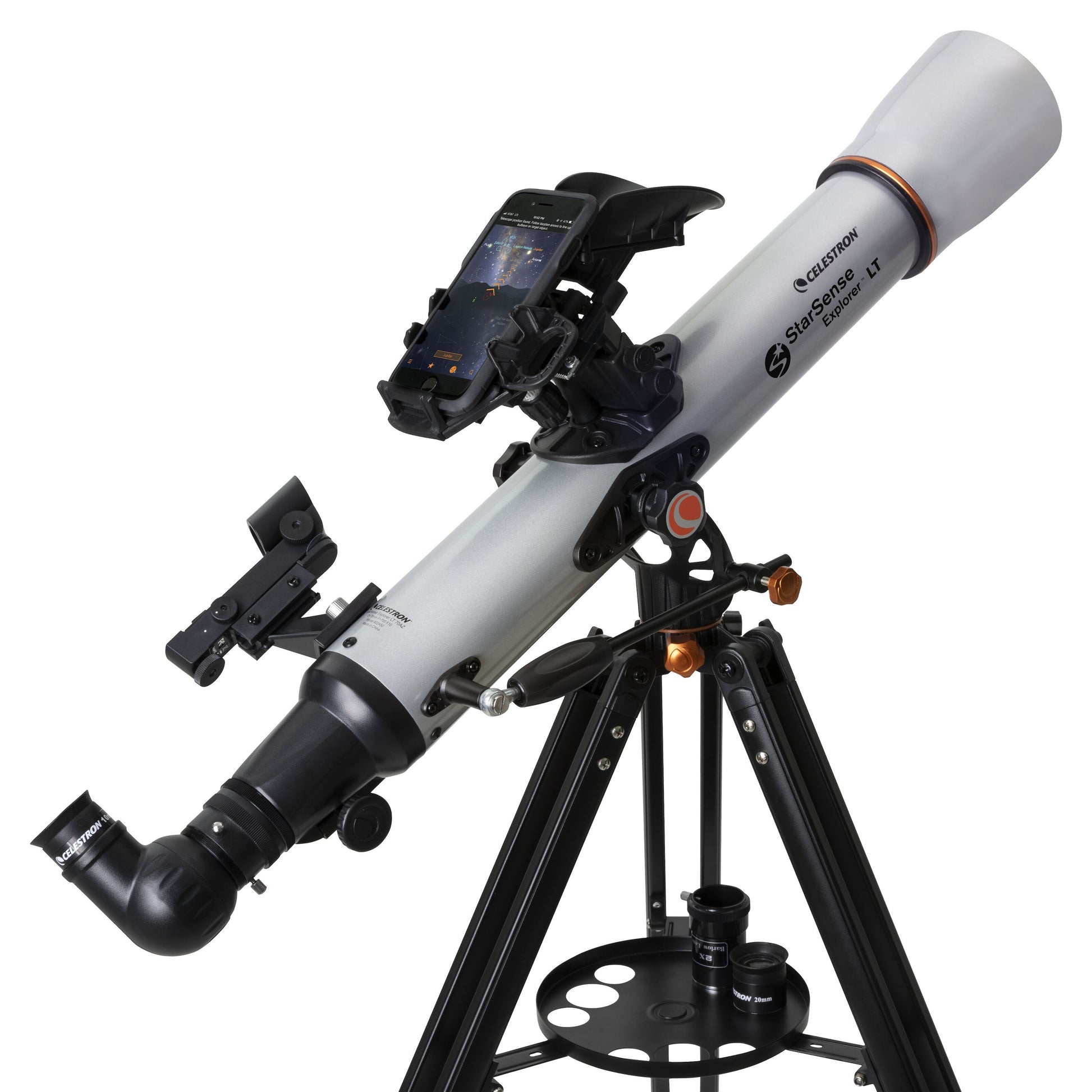 Celestron StarSense Explorer LT 70AZ teleskop 70 mm med sort trefod, smartphoneholder, finderscope og tilbehørsbakke.