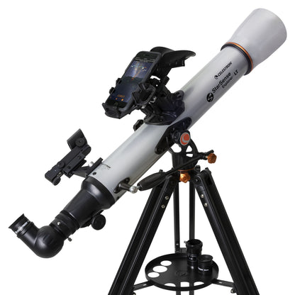 Celestron StarSense Explorer LT 70AZ teleskop 70 mm med sort trefod, smartphoneholder, finderscope og tilbehørsbakke.
